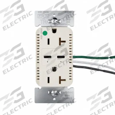 LEGRAND Receptacle: Duplex, 5-20R, 2 USB Ports, USB Type C, Light Almond, 125V AC - Hospital-Grade Receptacles with USB Chargers