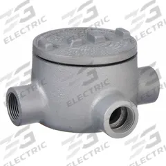 Conduit Outlet Body: Aluminum, GR, 1/2 in Trade Size, T Body, 18 cu in Body Capacity (MPN GRT50-A). Key specifications — Series: For Standard Body; Compatible Conduit Trade Size: 1/2 in; Thread Gender: Female; Hub Style: Threaded; Cover Included: Yes; Body Style: T; Connection Type: Threaded; Back Type: Round.