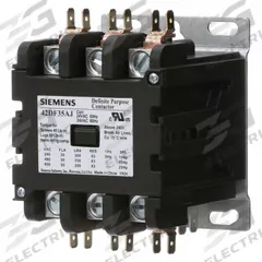SIEMENS Definite Purpose Contactor: 3 Poles, 120V AC, 50 A, Non-Reversing, Std Contactor Frame Size (MPN 42DF35AF). Key specifications — Brand: SIEMENS; Coil Voltage: 110/110-120V AC; Mounting Style: Surface; Terminal Connection Type: Quick Disconnect and Screw/Box Lug; Maximum Voltage Rating: 600V AC; Series: 42 Series; Phase: Three; Main Pole Contact Form: 3NO.