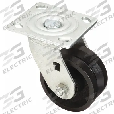 APPROVED VENDOR Plate Caster: Swivel, Iron, 4 in Wheel Dia, 1 1/2 in Wheel Wd - V-Groove Track-Wheel Plate Casters