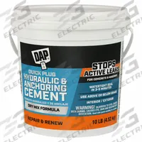 DAP Hydraulic Cement: Quick Plug, Cement, 10 lb Container Size, Pail, Gray (MPN 14090). Key specifications — Color: Gray; Series: Quick Plug; Brand: DAP; Compatible Materials: Concrete & Masonry; VOC Content Range: No VOC.