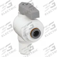PARKER Manual Two-Way Ball Valve: 1/4 in, Polypropylene, Angle, Push x MNPT, Full Port Ball Port (MPN LFPP4VME4). Key specifications — Brand: PARKER; Handle: Lever.