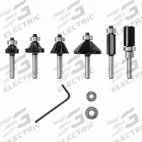 BOSCH Router Bit Set: Fractional Inch, 6 Pieces, Bead/Bullnose/Chamfer/Cove (MPN RBS006TES). Key specifications — attr315242: Cove; attr325198: BOSCH.