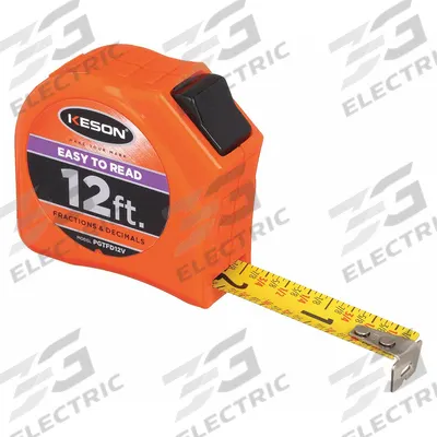 KESON Tape Measure: Nonmagnetic Single Hook Tip, 12 ft, Plastic - Decimal & Fractional-Read Tape Measures