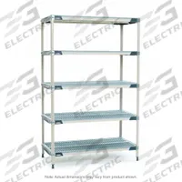 METRO Plastic Industrial Shelving: 24 in x 72 in, 74 in Overall Ht, 5 Shelves, Antimicrobial (MPN 5X577GX3). Key specifications — Resistance Properties: Antimicrobial; Frame Material: 304 Stainless Steel; Shelving Material: Polymer; Brand: METRO.