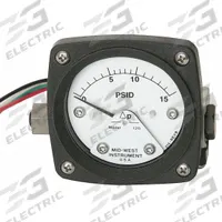 MIDWEST INSTRUMENT Differential Pressure Gauge & Switch: Back, 1/4 in NPT Female, 120, 2 1/2 in Dial (MPN 120-AA-00-O(CA)-15P). Key specifications — Sensor Type: Piston; Series: 120; Housing Material: Aluminum; Certificate of Calibration: Not Included; Gauge Accuracy: ±3-2-3%.