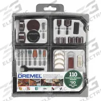 DREMEL General Purpose Attachment Set: Gen Purpose Attachment Set, 110 Pieces, Case Included (MPN 709-02). Key specifications — attr1097321: (13) 413-3/4 in 240 Grit Sanding Discs; attr1097325: Case Included; attr1097330: DREMEL.