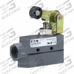 EATON Snap Action Switch: Roller Lever Actuator, SPDT, Screw Terminals (MPN E47BLS32). Key specifications — AC Contact Rating: 15 A @ 250 V; Electrical Connection: Screw Terminals; Series: E47; Brand: EATON.