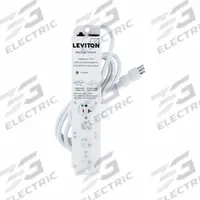 LEVITON Outlet Strip: 4 Outlets, 7 ft Cord Lg, 644 J Rated Energy, 20 A Current, White, 5-20P, 5-20R (MPN 5304M-2N7). Key specifications — Brand: LEVITON; Mounting Style: Screw.