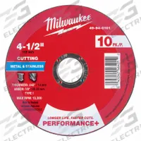 MILWAUKEE Cut-Off Wheel: Type 1, 4 1/2" x 0.045" x 7/8", Aluminum Oxide, 46 Grit, 10 PK (MPN 49-94-0101). Key specifications — Brand: MILWAUKEE.