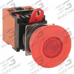 OMRON Emergency Stop Push Button: Illuminated, Mushroom Head Profile, Non-Metallic, 22 mm, 1NO/2NC (MPN A22ELM24A02). Key specifications — Brand: OMRON; Action: Maintained; Series: A22E; Push Button Material Type: Non-Metallic.