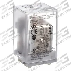 DAYTON General Purpose Relay: Socket Mounted, 10 A Current Rating, 110V DC, DPDT, 8 Pins/Terminals (MPN 5YR09). Key specifications — Brand: DAYTON; Base Type: Square; Mounting Style: Plug-In; Manufacturer Part Number: 5YR09; Series: C Series.