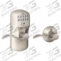 SCHLAGE RESIDENTIAL Electronic Keyless Lock: Keypad, Nickel (MPN FE575 PLY619ACC). Key specifications — Product Type: Electronic Keyless Lock; Manufacturer Part Number: FE575 PLY619ACC; Access Method: Keypad; Key Override Options: 5 Pin Tumbler C Keyway.
