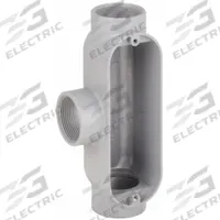 Conduit Outlet Body: Aluminum, 1 1/2 in Trade Size, T Body, 30.8 cu in Body Capacity, Threaded Hub (MPN T150). Key specifications — Finish: Powder Coated; For Use With: RMC; Brand: RACO; Hub Style: Threaded.