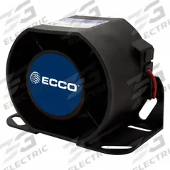 ECCO Vehicle Backup Alarm: Fixed, Tonal, 107 dB Max Sound Level, 12-36V DC, 107 dB Min Sound Level (MPN 830N). Key specifications — Alarm Tone Type: Tonal; Mount Type: Bolt; Connector Type: 16 AWG Blunt Cut Wire; Brand: ECCO; SAE Type Rating: Type B; Operating Voltage: 12-36V DC.