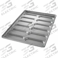 CHICAGO METALLIC Hoagie Bun Pan: Aluminized Steel, 12 Slots, 17 3/4 in Overall Wd, 22 ga Gauge (MPN 41055). Key specifications — Pan Style: Rounded End Hoagie Pan; Brand: CHICAGO METALLIC; Color: Silver; Material: Aluminized Steel; NSF Certified: No; Number of Slots: 12.