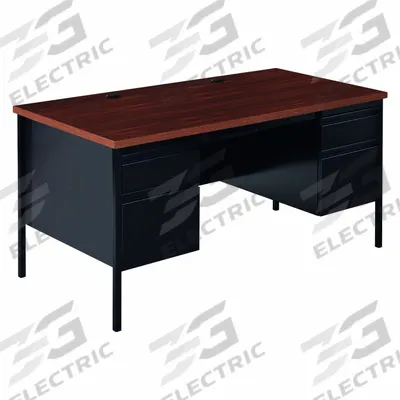 HIRSH Office Desk: Particle Board, Black Matrix/Walnut, 2 Pedestals, 4 Drawers - Pedestal Desks