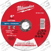 MILWAUKEE Cut-Off Wheel: Type 1, 6" x 0.045" x 7/8", Aluminum Oxide, 46 Grit (MPN 49-94-0123). Key specifications — Brand: MILWAUKEE.