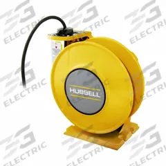 HUBBELL WIRING DEVICE-KELLEMS Extension Cord Reel: Ratchet Lock, 25 ft Cord Lg, 14 AWG, SJO, Yellow (MPN HBLI25143Y). Key specifications — Retractable Cord Ending NEMA Configuration: Bare Wire; Brand: HUBBELL WIRING DEVICE-KELLEMS.