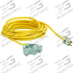 APPROVED VENDOR Extension Cord: Outdoor Use, 25 ft Lg, 3 Outlets, 5-15P, 14/3, SJTOW, Yellow (MPN 4GAC8). Key specifications — Brand: APPROVED VENDOR; Temperature Rating: -58° to 194°F; NEMA Plug Configuration: 5-15P.