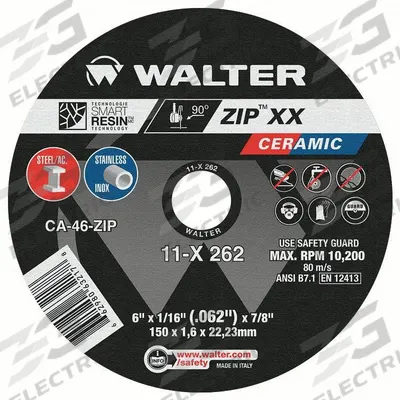 WALTER SURFACE TECHNOLOGIES Angle Grinder Cut-Off Wheels: Type 1, 6" x 1/16" x 7/8", Ceramic - Cool-Cutting Cut-Off Wheels for Carbon & Stainless Steel