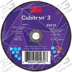 3M CUBITRON 3 Abrasive Cut-Off Wheel: Type 1, 3" x 0.035" x 1/4", Ceramic, 60 Grit (MPN 90030). Key specifications — Brand: 3M CUBITRON 3.