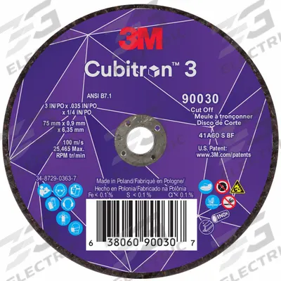 3M CUBITRON 3 Abrasive Cut-Off Wheel: Type 1, 3" x 0.035" x 1/4", Ceramic - Cool-Cutting Cut-Off Wheels for Carbon & Stainless Steel