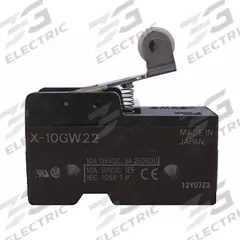 OMRON Snap Action Switch: Hinge Roller Lever Actuator, 1NO/1NC, Solder (MPN X-10GW22). Key specifications — AC Contact Rating: 2 A @250 V; Electrical Connection: Solder; Series: X; Brand: OMRON.
