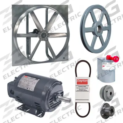 Dayton Exhaust/Supply Fan: Belt Drive, 36 in Blade, 1 hp, Open Dripproof, 208-230/460V AC - Belt-Drive Reversible Panel Fans with Drive Package