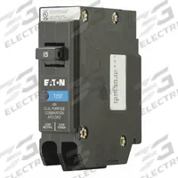 EATON Circuit Breaker: 15 A, 120V AC, Single Phase, 10kA at 120V AC, Type BR Loadcenters, 1 Poles (MPN BRP115DF). Key specifications — Amps: 15 A; AC Voltage Rating: 120V AC; Phase: Single; Max. AIR Rating: 10kA at 120V AC; Circuit Breaker Type: Arc & Ground Fault Circuit Interrupter; For Use With: Type BR Loadcenters; Brand: EATON.
