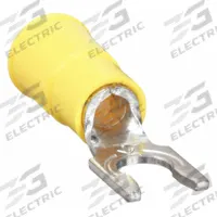 3M Fork Terminals: Yellow, Vinyl, #10 Stud Size, 12 AWG – 10 AWG Wire Range, Locking Fork, 1,000 V (MPN MV10-10FLX). Key specifications — Barrel Style: Funnel Entry; Manufacturer Part Number: MV10-10FLX; Brand: 3M.
