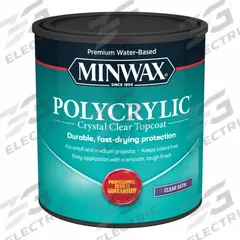 MINWAX Finish: Varnish, Interior, Water, 32 fl oz Container Size, Wood, Satin, Clear, Clear (MPN 63333444). Key specifications — Brand: MINWAX; Transparency: Clear; Use Location: Interior; Sheen: Satin; Sub-Brand: Polycrylic; Color: Clear; Resin Type: Polyurethane.
