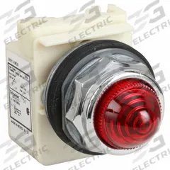 SCHNEIDER ELECTRIC Pilot Light: 30 mm Panel Mounting Size, Red, Incandescent, 9001K Series (MPN 9001KP38R9). Key specifications — Series: 9001K; Brand: SCHNEIDER; Includes Push-To-Test: No Push-To-Test Included.