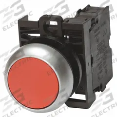 EATON Illuminated Push Button: Illuminated, Flush Profile, Non-Metallic, 22 mm, 1NO/1NC (MPN M22-DL-R-K11-230R). Key specifications — Brand: EATON; Action: Momentary; Series: M22; Push Button Material Type: Non-Metallic.