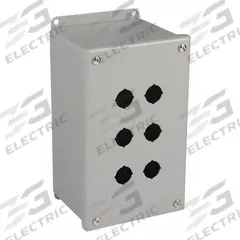 WIEGMANN Push Button Enclosure: 22mm, 6 Holes, Carbon Steel, NEMA 12 (MPN PBGX6). Key specifications — Brand: WIEGMANN; Environments & Applications: Indoor Dust & Water Droplets.