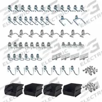 TRITON PRODUCTS Hooks and Hanging Bins: 1/4 in_1/8 in Peg Hole, For 1 in Pegboard Hole Spacing (MPN 76964). Key specifications — Finish: Zinc-Plated; Color: Silver; For Tool Type: Multiple; Includes: (12) 1 in Single Rod 30 Degrees Bends, (2) 2-3/4 in Double Rod 80 Degrees Bends, (4) Bin Clips, (4) Standard Spring Clips, (8) 2-1/2 in Single Rod 30 Degrees Bends, (8) Extended Spring Clips, (8) Pliers/Wrench Holders; Locking System: Screw-In; Mounting Type: Surface; Material: Steel; Accessory Type: Hook and Bin Assortment Kit.