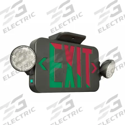 LED Lighted Exit Sign: Black, 1 or 2 Faces, Green/Red, LED, Ceiling - Plastic Exit Signs with Round Side-Mount Light Heads