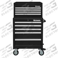 WESTWARD Tool Chest and Cabinet Combination: 9 Drawers, Light Duty, Keyed, Black / Powder Coated (MPN 7CX98). Key specifications — attr1116680: Black; attr1116684: Ball Bearing; attr1116690: WESTWARD; attr1116659: Keyed; attr1116661: Top Chest 26 in W x 16-1/2 in D x 18-1/2 in H.