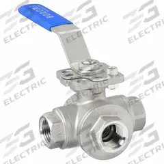 BONOMI Manual Three-Way Ball Valve: 1/2 in, CF8M Stainless Steel, T Flow, FNPT x FNPT x FNPT (MPN 956N-1/2"). Key specifications — Brand: BONOMI; Handle: Locking Lever.