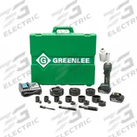 GREENLEE Knockout Tool Kit: 18V DC, 4 in Punching Capacity (Steel), For 10 ga Max. Steel Thick (MPN LS100X11SB4X). Key specifications — attr1256918: (1) 1-1/2 in Die; attr1256897: (2) 3.0 Ah; attr1303978: 2 Batteries, 1 Charger.