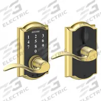SCHLAGE RESIDENTIAL Electronic Keyless Lock: Touch Screen Keypad, Brass (MPN FE695 CAM605ACC). Key specifications — Product Type: Electronic Keyless Lock; Manufacturer Part Number: FE695 CAM605ACC; Access Method: Touch Screen Keypad; Key Override Options: Schlage "C" 6 Pin Keyway.