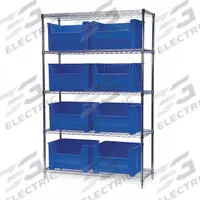 AKRO-MILS Bin Shelving: 48 in x 18 in x 74 in, 1 Sided, 9 Bins, Open, Stacking Bin, Blue, 5 Shelves (MPN AWS184813017B). Key specifications — Includes Bins: Yes; Bin Material: Polymer; Frame Color: Silver; Bin HxWxD: (9) 12-7/16 in x 19-7/8 in x 15-1/2 in; Frame Material: Steel; Bin Color: Blue; Brand: AKRO-MILS.