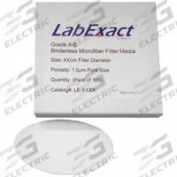 LABEXACT Glass Microfiber Filter: A-E, 4.7 cm Dia, 0.33 mm Thick, 1 um Pore Size (MPN 12K878). Key specifications — attr976405: Filter; attr976393: LABEXACT.