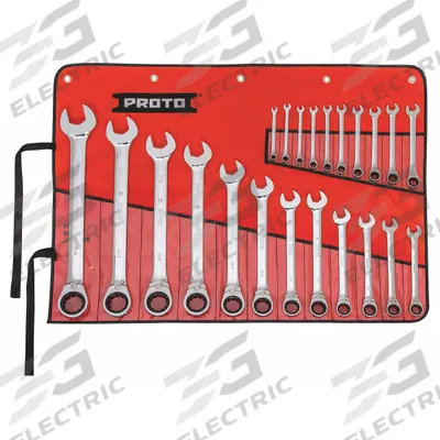 PROTO Combination Wrench Set: Alloy Steel, Chrome, 22 Tools - Metric 12-Point Ratcheting Combination Wrench Sets