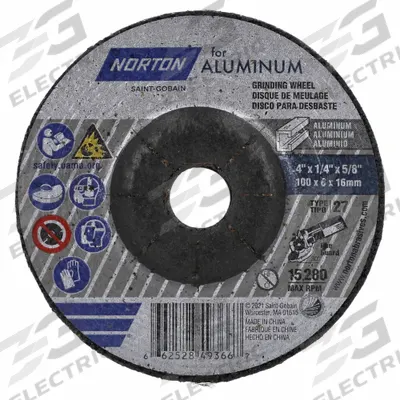 NORTON Depressed Center Wheel: Type 27, 4" x 1/4" x 5/8", Aluminum Oxide - General Purpose Grinding Wheels for Soft Metals