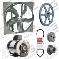 Exhaust Fan with Drive Package: Belt Drive, 24 in Blade, 1/4 hp, 8,734 cfm, 115/208-230V AC, 1 ph (MPN 7M7W0). Key specifications — Frame Finish: Zinc Plated; Assembled: Unassembled; Brand: DAYTON; Nameplate Voltage: 115/208-230V AC; Frame Material: Steel; Guard Type: None; Motor Insulation: Class B; Motor Enclosure: Open Dripproof.