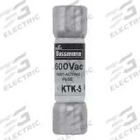 BUSSMANN Fuse: KTK Series, Midget, Fast-Acting, 5 A, 600 V AC, 13/32 in x 1 1/2 in, Non-Indicating (MPN KTK-5). Key specifications — attr1287209: KTK; attr211192: BUSSMANN.