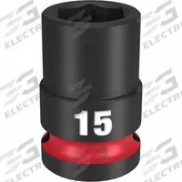 MILWAUKEE Standard Impact Socket: 1/2 in Drive Size, Metric, 15 mm Socket Size, 6-Point, Std (MPN 49-66-6247). Key specifications — attr1215501: MILWAUKEE; attr1215515: Black Phosphate; attr1215518: 15 mm.