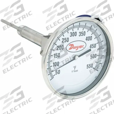 Dwyer Dial Thermometer With Process Output: 50°F to 550°F, +/- 1% Accuracy, 4 in Stem Lg - Thread-Mount Transmitting Dial Thermometers