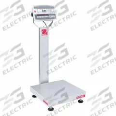 OHAUS Industrial Bench Scale: 18 in x 18 in, IP67/IP68, Column-Mounted, Stainless Steel (MPN D52XW50RQL2). Key specifications — Connection Ports: 2 In/4 Out Discrete I/O; Readability: 0.005 lb/2 g; Brand: OHAUS; Weighing Surface Material: Stainless Steel.